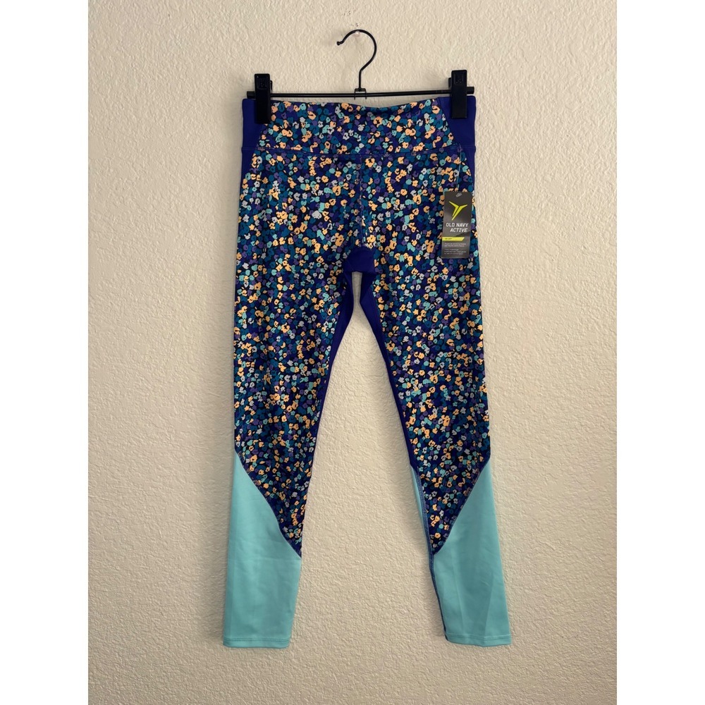 Old Navy Active Leggings L (10-12) New Floral Go-Dry Blue Colorblock Tights